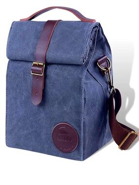 Grey Canvas Insulated Lunch Bag with Leather Trim